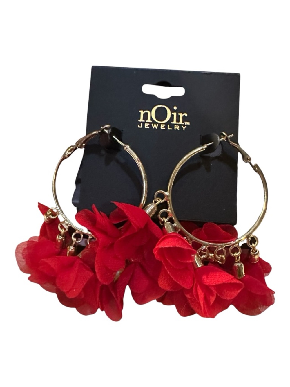 nOir Jewelry Red Floral Hoop Earrings Gold Tone Statement Dangle